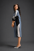 Load image into Gallery viewer, Statement Colourblock Midi Dress In Cool Grey With Contrast Metallic Silver Side Panels And Balloon Sleeves