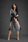 Load image into Gallery viewer, Statement Colourblock Midi Dress In Cool Grey With Contrast Metallic Silver Side Panels And Balloon Sleeves