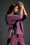 Load image into Gallery viewer, Relaxed Pink Co-ord With Loose-fit Dramatic-sleeve Shirt And Wide-leg Pants With Metallic Side Panels.