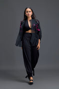 Load image into Gallery viewer, Black Sheer Pink Floral Blouse and Tapered Pants Set