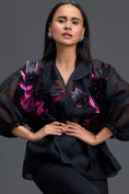 Load image into Gallery viewer, Black Sheer Pink Floral Blouse and Tapered Pants Set