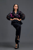 Load image into Gallery viewer, Black Sheer Pink Floral Blouse and Tapered Pants Set