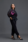 Load image into Gallery viewer, Black Sheer Pink Floral Blouse and Tapered Pants Set