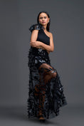 Load image into Gallery viewer, Black One-Shoulder Leaf Embroidered Sheer Skirt Set