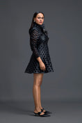 Load image into Gallery viewer, Black Lattice Mini Dress with Floral Shoulder Accent