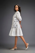 Load image into Gallery viewer, Dress With Puff Sleeves And Glossy Metallic Discs And A Ruffled Hemline