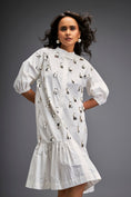 Load image into Gallery viewer, Dress With Puff Sleeves And Glossy Metallic Discs And A Ruffled Hemline