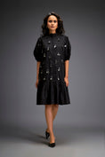 Load image into Gallery viewer, Dress With Puff Sleeves And Glossy Metallic Discs And A Ruffled Hemline