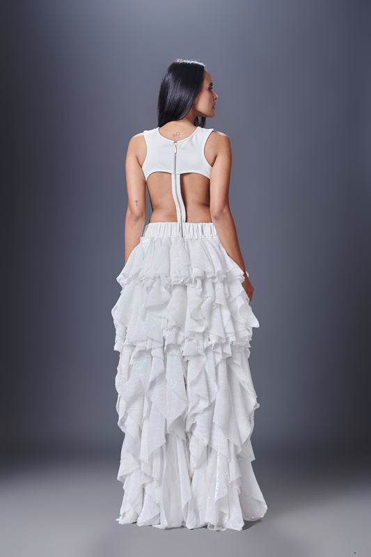 Backless Dress With A Ruffled Bottom And Fitted Top