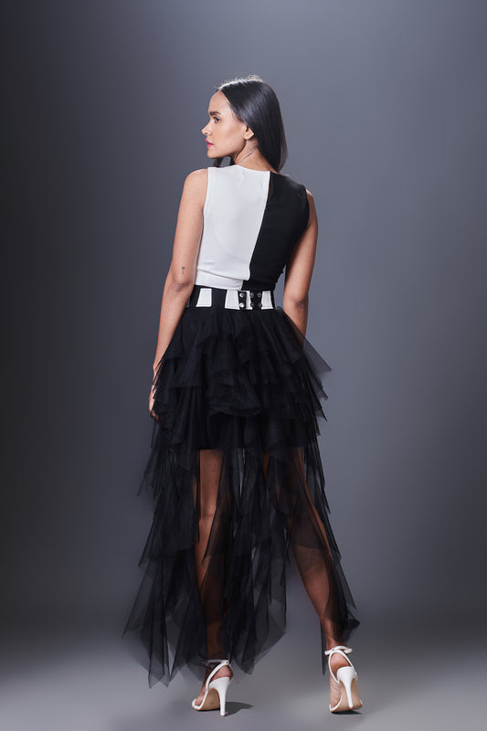 Black & White Sleeveless Net Ruffled Dress