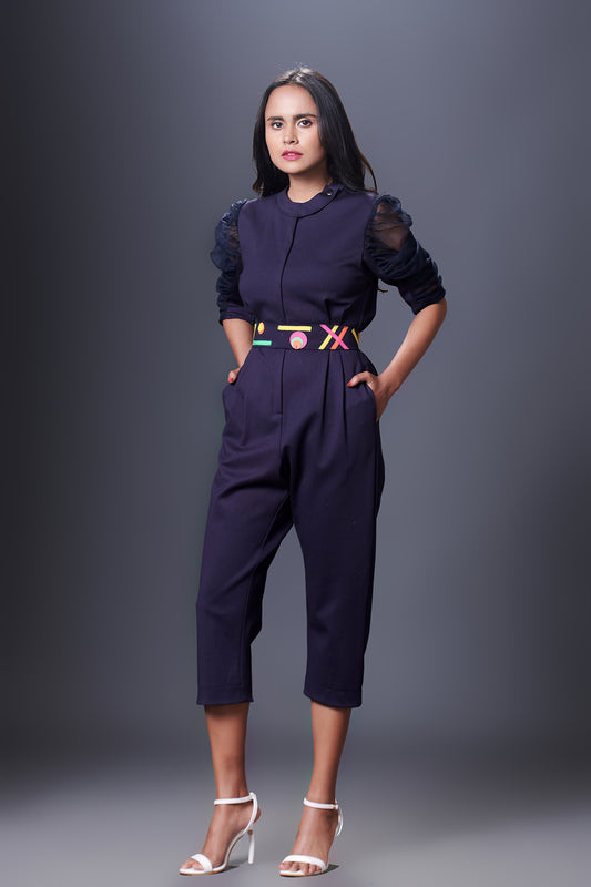 Puffed Sleeves Jumpsuit With Front Metal Zipper Comes With Belt
