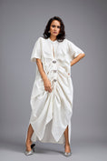 Load image into Gallery viewer, White Draped Kaftan Sleeve Dress With Gold Buttons