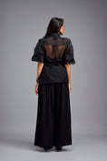 Load image into Gallery viewer, Black High-Neck Blouse with Floral Sleeves & Wide-Leg Trousers