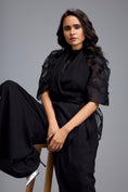 Load image into Gallery viewer, Black High-Neck Blouse with Floral Sleeves & Wide-Leg Trousers