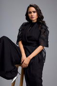 Load image into Gallery viewer, Black High-Neck Blouse with Floral Sleeves & Wide-Leg Trousers