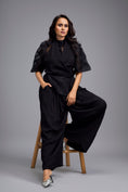 Load image into Gallery viewer, Black High-Neck Blouse with Floral Sleeves & Wide-Leg Trousers