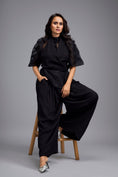 Load image into Gallery viewer, Black High-Neck Blouse with Floral Sleeves & Wide-Leg Trousers