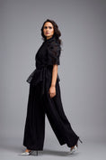 Load image into Gallery viewer, Black High-Neck Blouse with Floral Sleeves & Wide-Leg Trousers