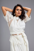 Load image into Gallery viewer, White High-Neck Blouse with Floral Sleeves & Wide-Leg Trousers