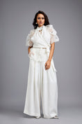 Load image into Gallery viewer, White High-Neck Blouse with Floral Sleeves & Wide-Leg Trousers