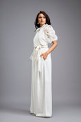 Load image into Gallery viewer, White High-Neck Blouse with Floral Sleeves & Wide-Leg Trousers