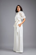 Load image into Gallery viewer, White High-Neck Blouse with Floral Sleeves & Wide-Leg Trousers