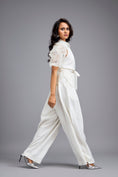 Load image into Gallery viewer, White High-Neck Blouse with Floral Sleeves & Wide-Leg Trousers