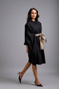 Load image into Gallery viewer, Button-Down Midi Dress with Metallic Gold Bow Belt
