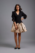 Load image into Gallery viewer, Puff-Sleeve Dress with Metallic Gold Bubble Skirt