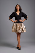 Load image into Gallery viewer, Puff-Sleeve Dress with Metallic Gold Bubble Skirt