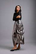 Load image into Gallery viewer, Sheer Corset Top with Draped Gunmetal Maxi Skirt