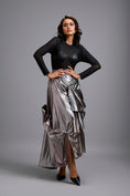 Load image into Gallery viewer, Sheer Corset Top with Draped Gunmetal Maxi Skirt