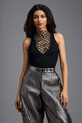 Load image into Gallery viewer, Black Beaded Lattice High-Neck Top