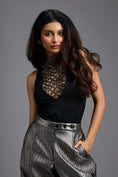 Load image into Gallery viewer, Black Beaded Lattice High-Neck Top