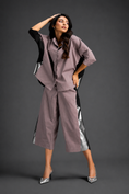 Load image into Gallery viewer, Relaxed Ash Pink Co-ord With Loose-fit Dramatic-sleeve Shirt And Wide-leg Pants With Metallic Side Panels.