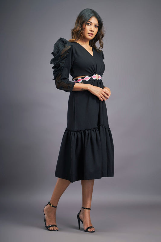 Black Dress With Side Cutouts & Ruffles