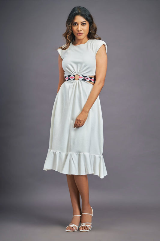 White Cap Sleeve Dress With Side Cutouts & Ruffles