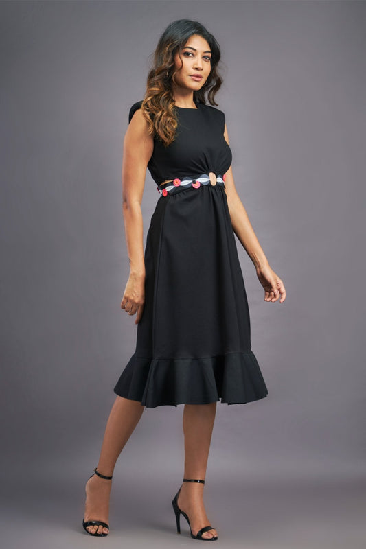 Black Cap Sleeve Dress With Side Cutouts & Ruffles