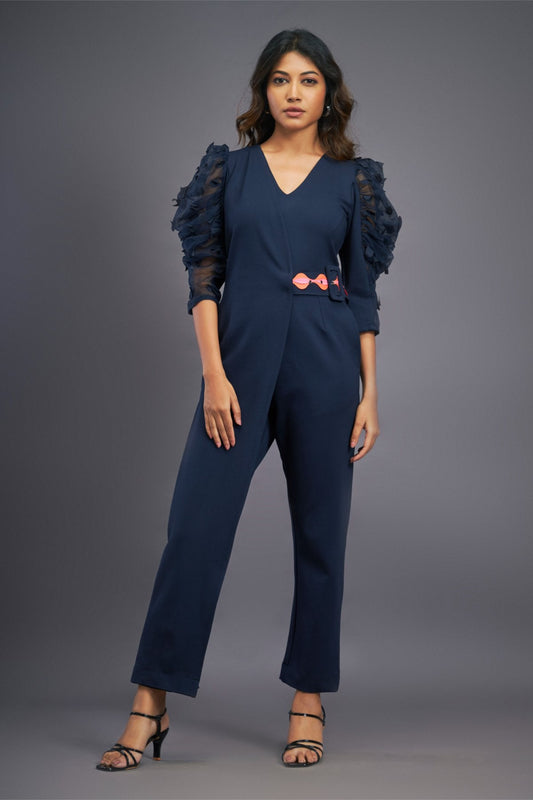 Navyblue Overlap Jumpsuit With Attached Neon Belt