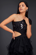 Load image into Gallery viewer, Black Hand Embroidered One Shoulder Ruffle Dress With Net Ruffles And Cutwork Detailing