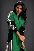 Load image into Gallery viewer, Statement Colourblock Midi Dress In Parrot Green With Contrast Metallic Silver Side Panels And Balloon Sleeves