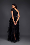 Load image into Gallery viewer, Black Hand Embroidered One Shoulder Ruffle Dress With Net Ruffles And Cutwork Detailing