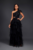 Load image into Gallery viewer, Black Hand Embroidered One Shoulder Ruffle Dress With Net Ruffles And Cutwork Detailing
