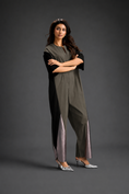 Load image into Gallery viewer, Colorblock Jumpsuit In Dark Green , Black & Metallic Panels With Relaxed Fit