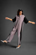 Load image into Gallery viewer, Colorblock Jumpsuit In Ash Pink , Black & Metallic Panels With Relaxed Fit