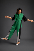 Load image into Gallery viewer, Colorblock Jumpsuit In Parrot Green , Black & Metallic Panels With Relaxed Fit