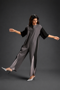 Load image into Gallery viewer, Colorblock Jumpsuit In Warm Grey , Black & Metallic Panels With Relaxed Fit