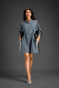 Load image into Gallery viewer, Cool Grey Shirt Romper With Drawstring Waist, Black Details, And Metallic Side Panels