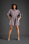 Load image into Gallery viewer, Ash Pink Shirt Romper With Drawstring Waist, Black Details, And Metallic Side Panels