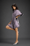 Load image into Gallery viewer, Ash Pink Shirt Romper With Drawstring Waist, Black Details, And Metallic Side Panels